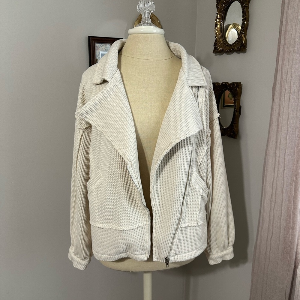 POL Cream Waffle Zip-Up Moto Jacket